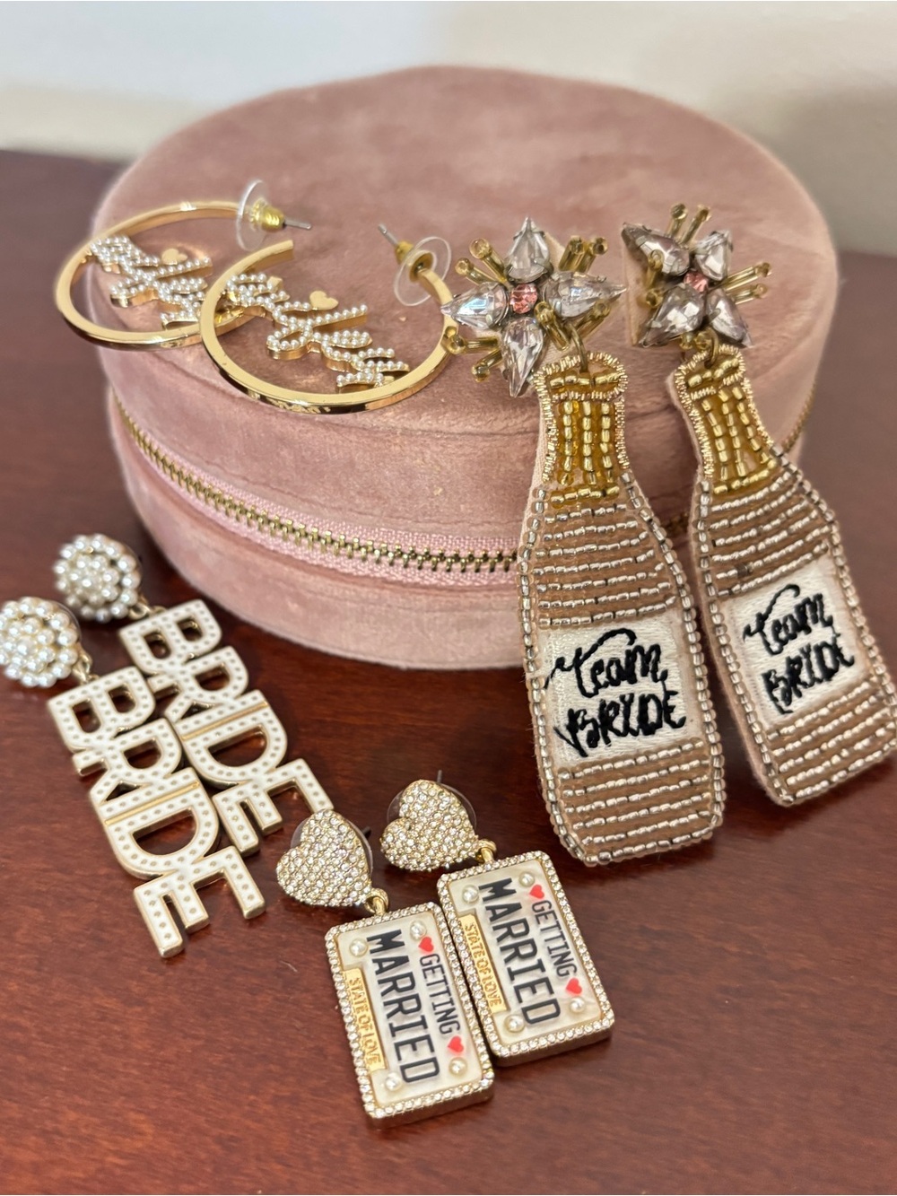 Ultimate Bridal Bundle: Bride & Bachelorette Earring Lot + Velvet Jewelry Case